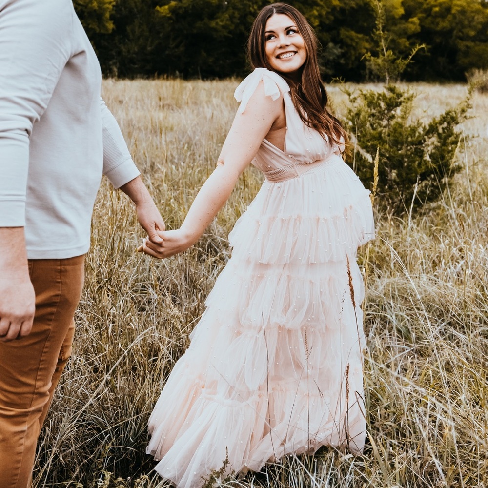 XL- Eiffel Tower Tulle Pearl Tiered Maxi Dress in Blush